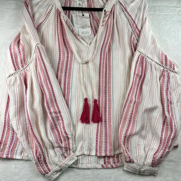 Allison New York Womens Striped Long Bell Sleeve Boho Top Tassels Crochet Artzy - Picture 7 of 16